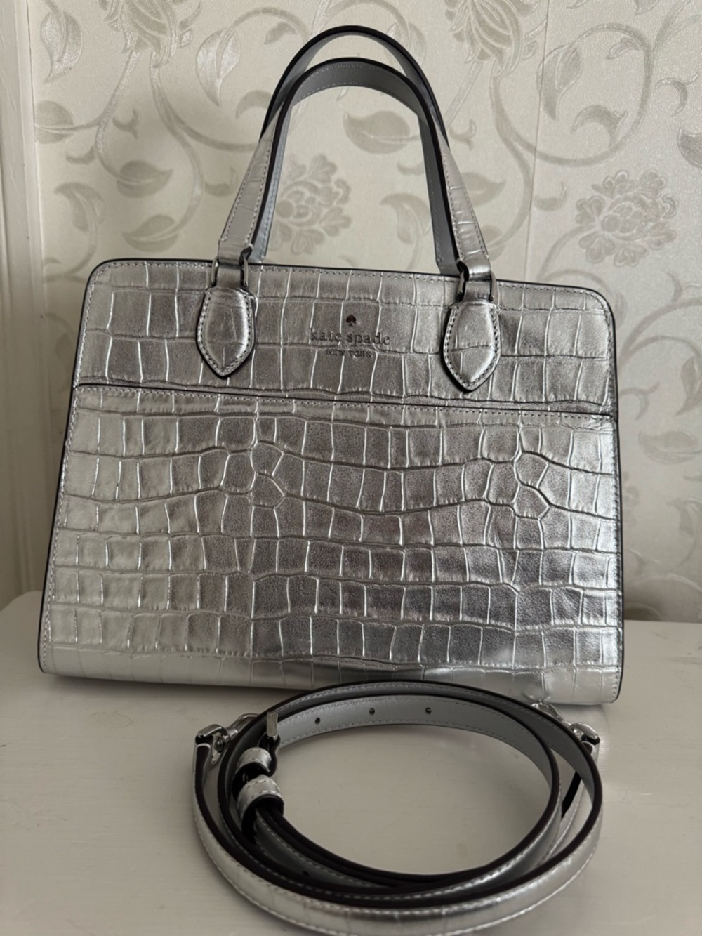 kate spade Metallic Silver Croc-Embossed Satchel with Strap